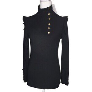 Black Milan Kiss Ribbed Long-Sleeve Top With Gold Button Accents & Ruffle Detail